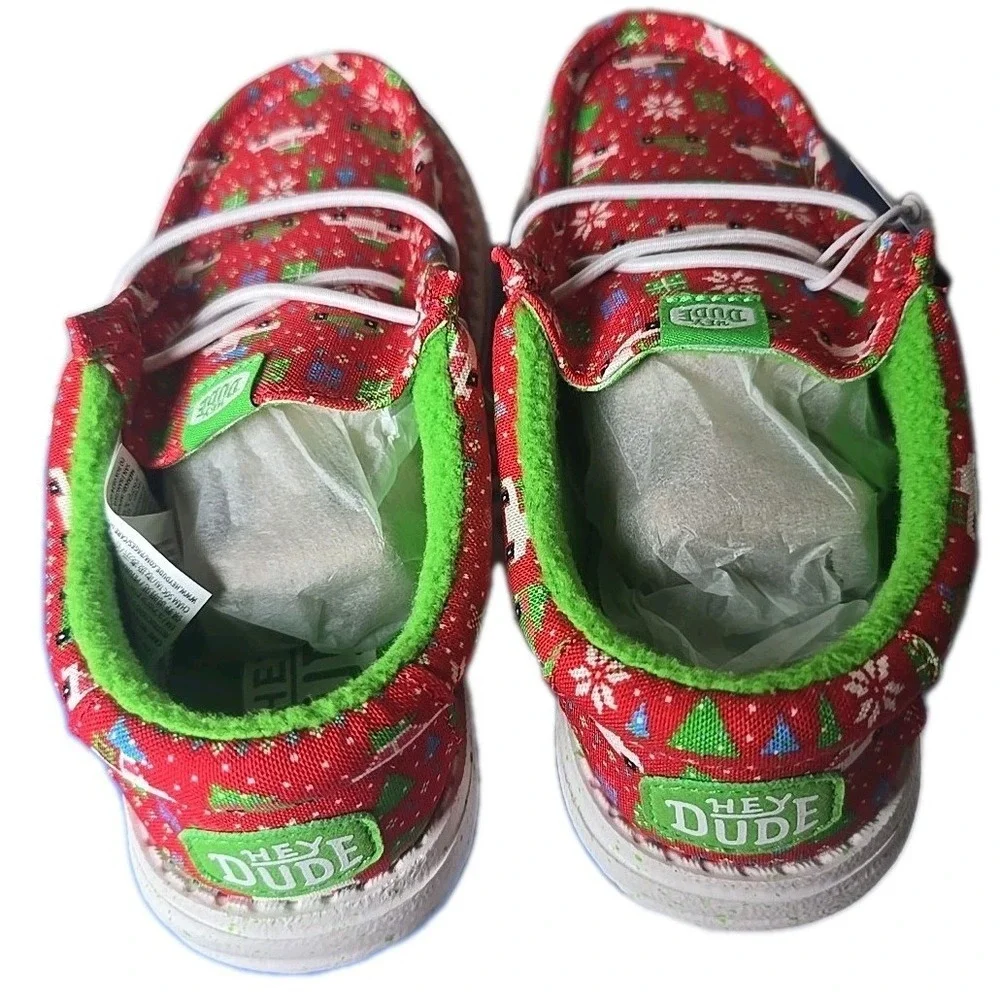 Hey Dude NIB Wally Y Holiday Sweater Red/Green Shoes Youth Size J4 NEW
